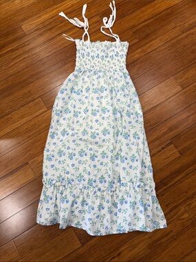 Mable Floral Maxi Dress with Tie Straps - White & Blue